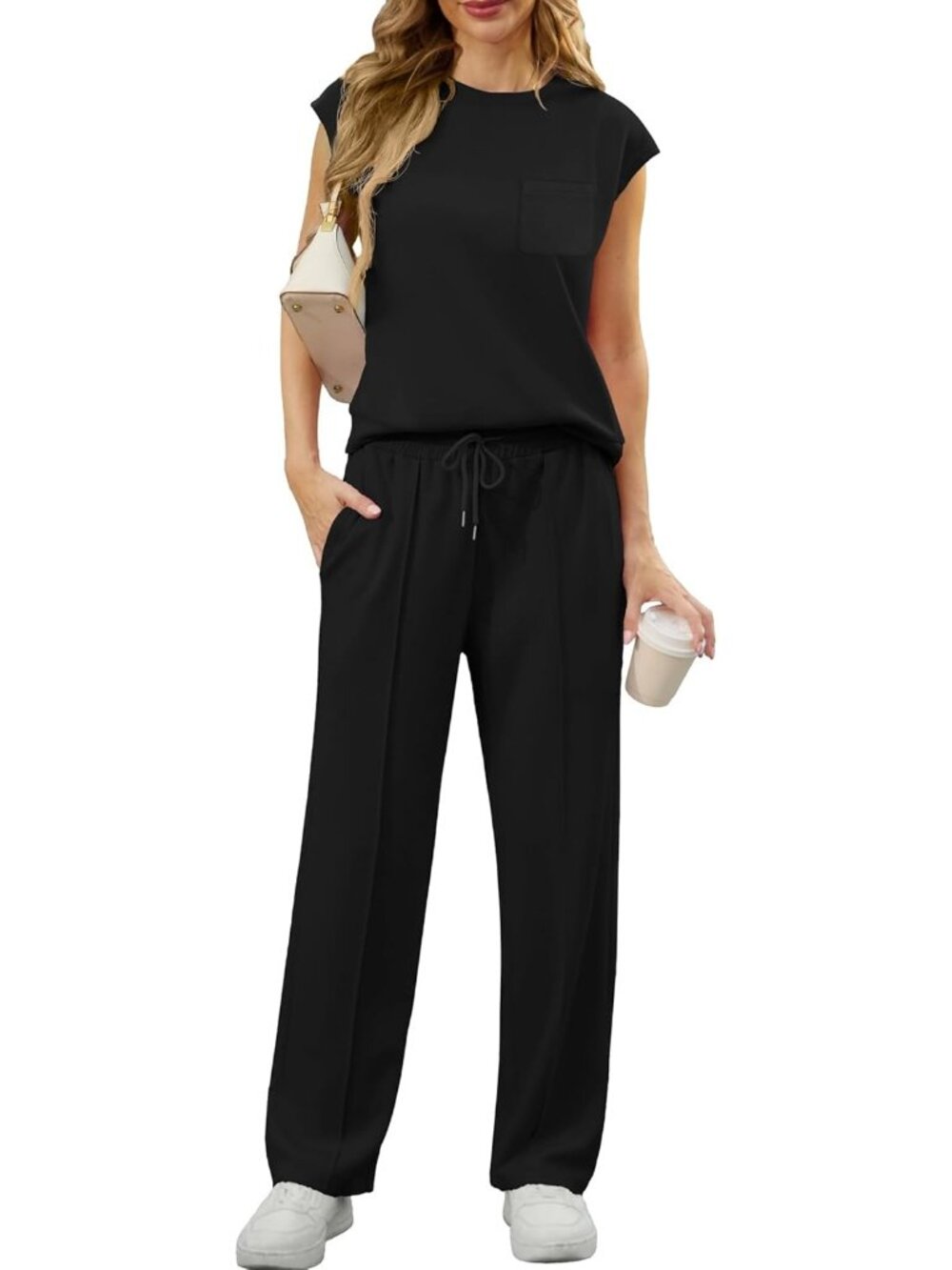 Women's Black 2 Piece Sets Summer Outfits Sleeveless Wide Leg Tracksuits Casual